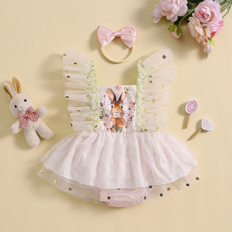 

VISgogo Newborn Baby Girls Easter Romper Dress Flying Sleeve Bunny Print Tulle Patchwork Romper with Headband Outfits