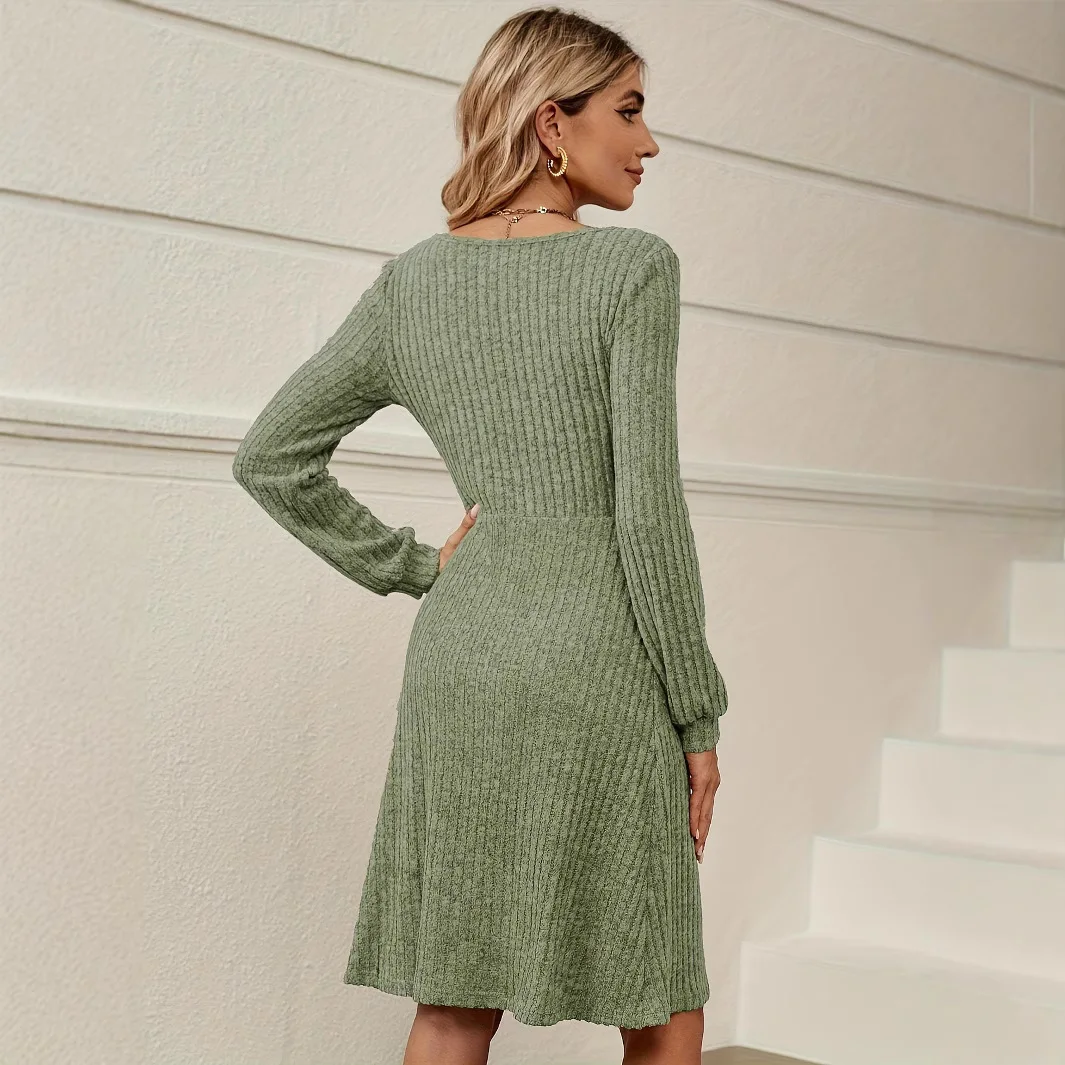 Square Neck Long-sleeved Knitted Dress 2026 Womens Spring Summer New Solid Color Pit Strip Beach Vacation Versatile A-line Dress