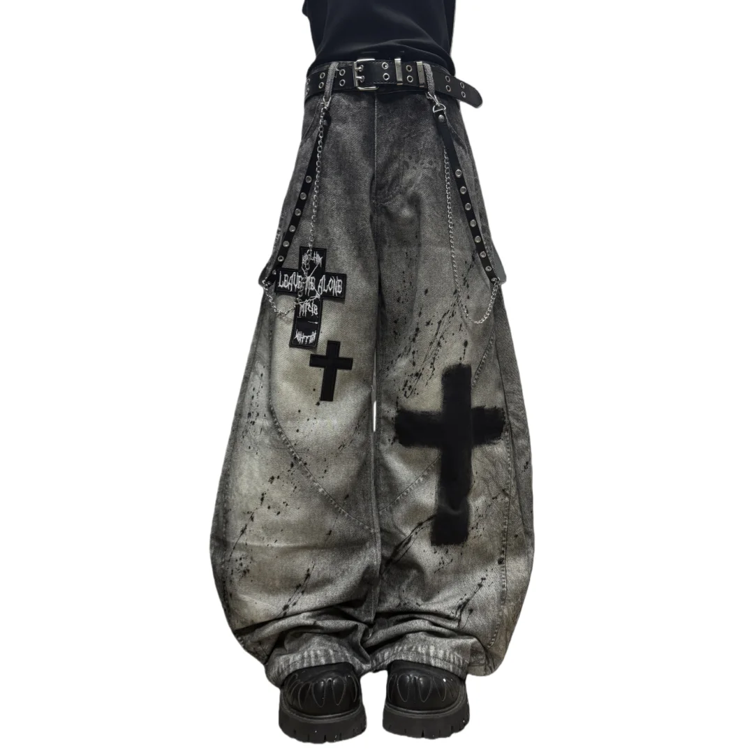 Gothic Unisex Jeans 2026 Spring Wide Leg Denim Pants Vintage Wasteland Distressed Punk Cross Print Ink Y2K Loose Casual Pants
