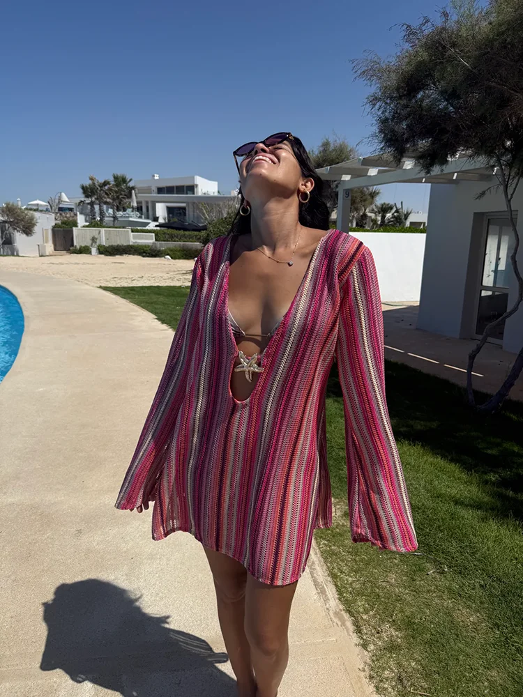 

Лето 2025 г., новое трикотажное платье с глубоким V-образным вырезом и морской звездой, полосатое платье с рукавами-трубой, модный пляжный купальник, накидка на бикини