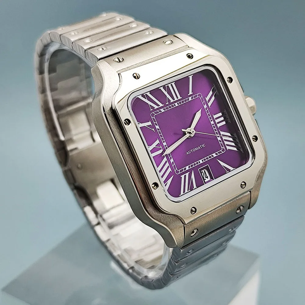 NH35 watch square dial purple dial men's stainless steel automatic mechanical watch suitable for NH35 movement watch accessories