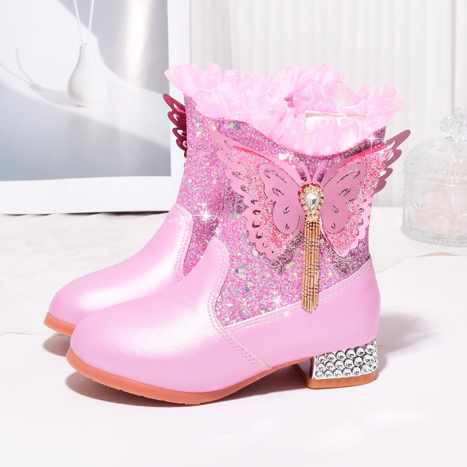 Girls Leather Boots Winter Warm Plush Children Snow Boots Side Zipper Fashion Bowknot Princess Booties Anti-Slip Sequin Shoes