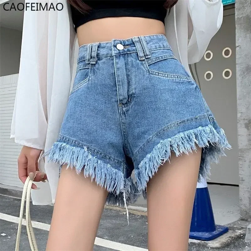 Raw Edge Denim Shorts Women 2023 Summer Thin Style Loose Design Sense European Goods Tassel A-word Hot Pants Outer Wear