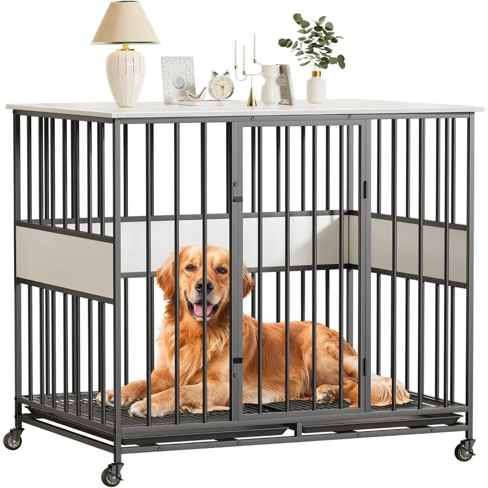 

Dog Crate Furniture for Large Dogs, 42 Inch Indoor Large Kennel, Wooden Pet Cage with Caster Wheels, White