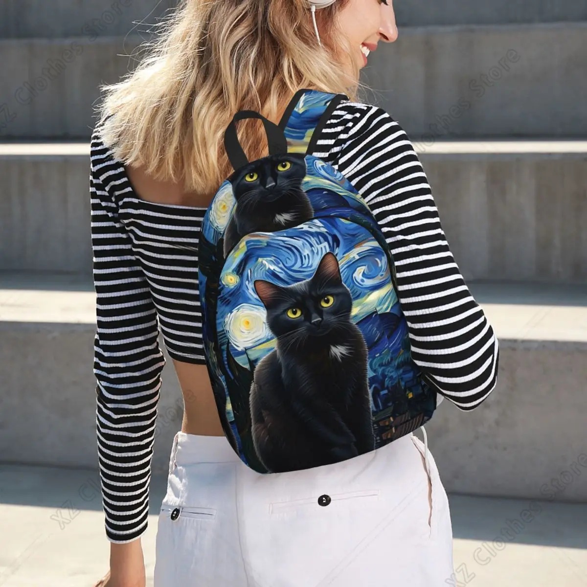 Black Cat Oil Painting The Starry Night Student Backpack School Bag Travel Daypack for Boys Girls Bookbag Shoulder Bags