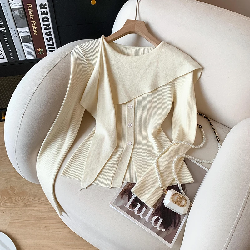 

Корейский стиль, нерегулярная накидка, трикотажная базовая рубашка для женщин на осень и зиму, новый элегантный высококачественный уникальный и шикарный топ с разрезом