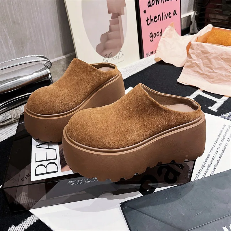 2025 New Women's Baotou Slippers Non-slip Thick-soled Wedge Slippers Classic Suede Design Womens Spring and Autumn Mules Zapatos