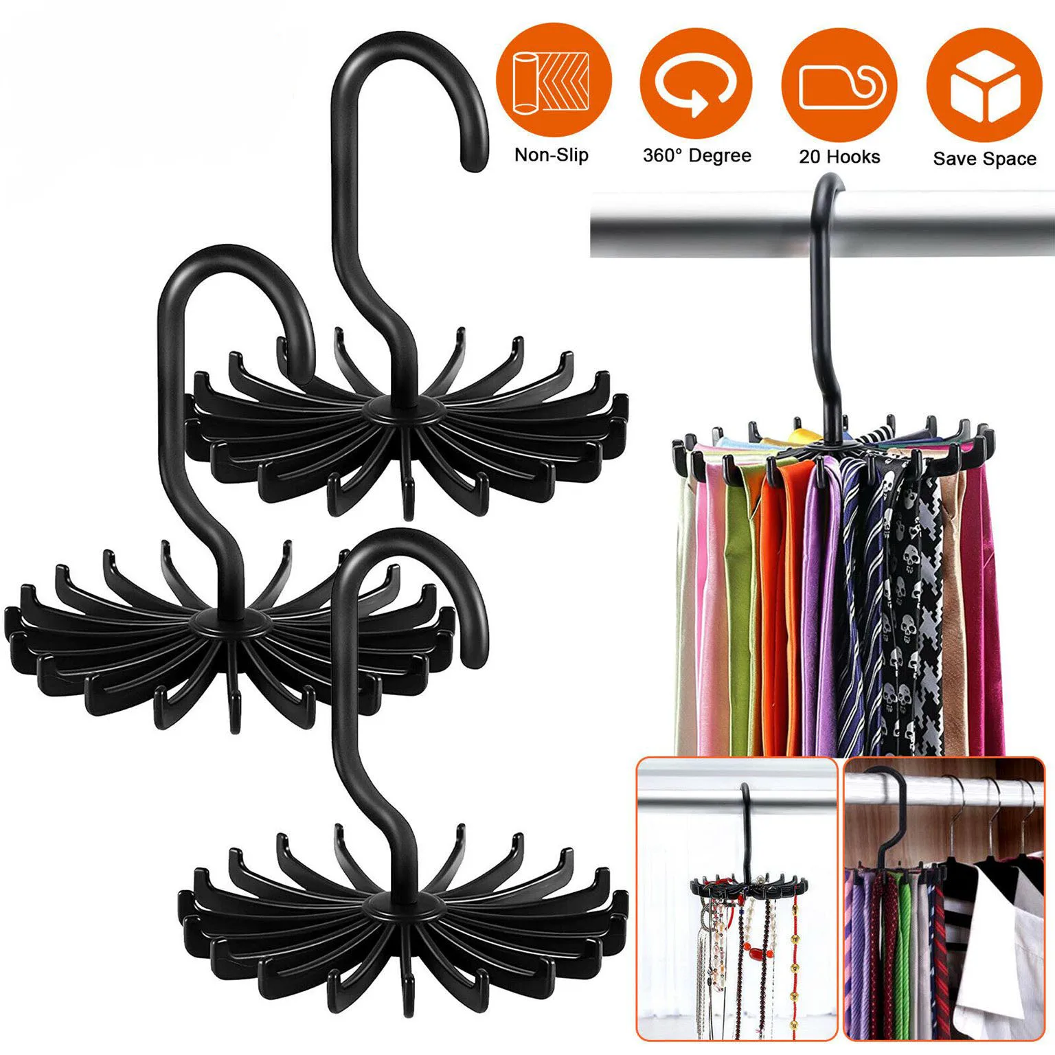 

20 Hooks Hanging Tie Holder Neck Ties Organizer 360 Degree Rotating Tie Rack Hanger for Necktie Belt Silk Scarf Closet Organize