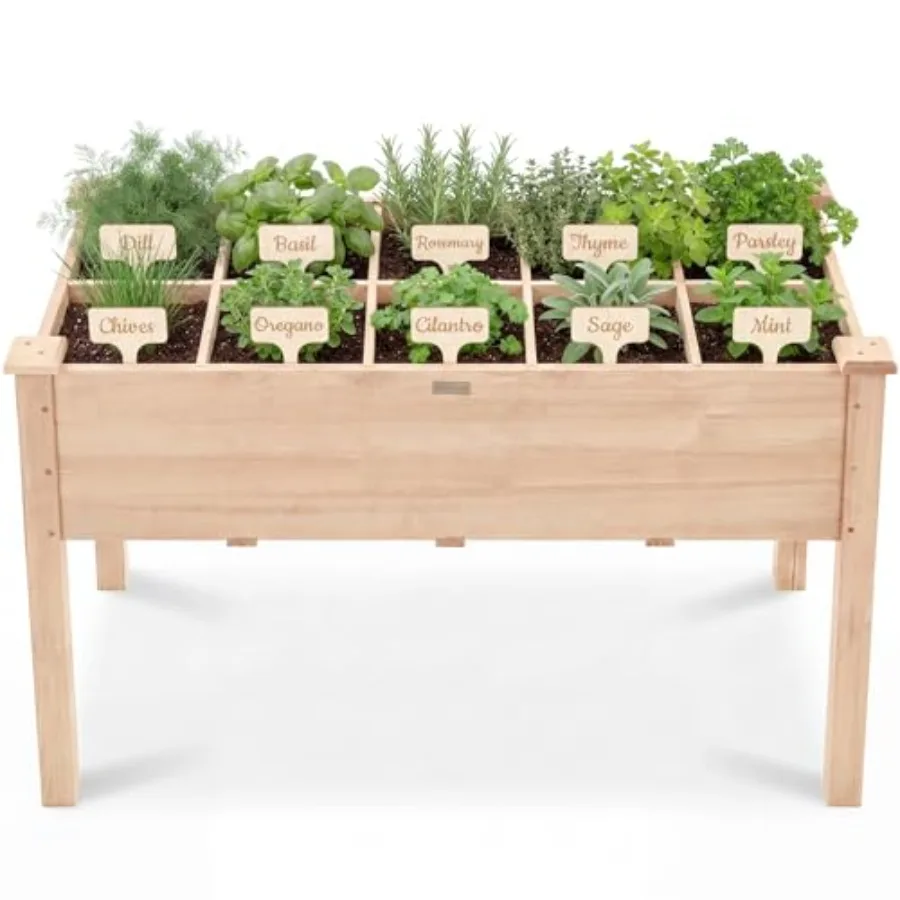 Raised Herb Garden Bed Planter Box for Patio Balcony Backyard Elevated Wooden Planter in Natural Wood Color with 10 Grid Compar