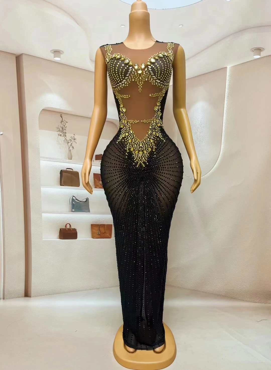 Long Dress Celebration Gown Gold Black Luxury Evening Party Birthday Rhinestones Mesh Sleeveless Singer Model Catwalk Costume
