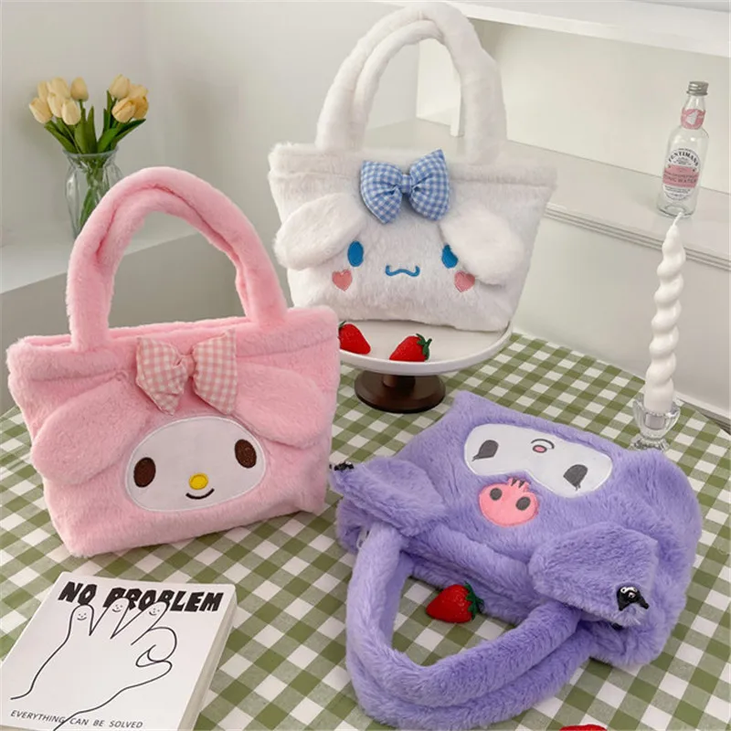 Sanrio Plush Bag Kawaii Cinnamoroll Handbag Stuffed Toys Cartoon Kuromi My Melody Shoulder Makeup Bags for Women Gift for Girls