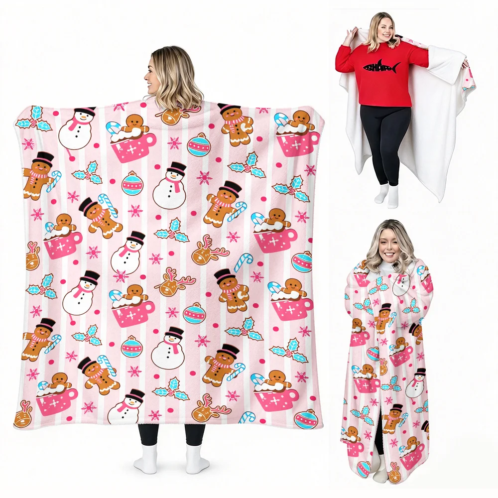 1PC Christmas Gingerbread Man, Snowman Print Wearable Blanket Soft and comfortable for both men and women. Perfect for family re