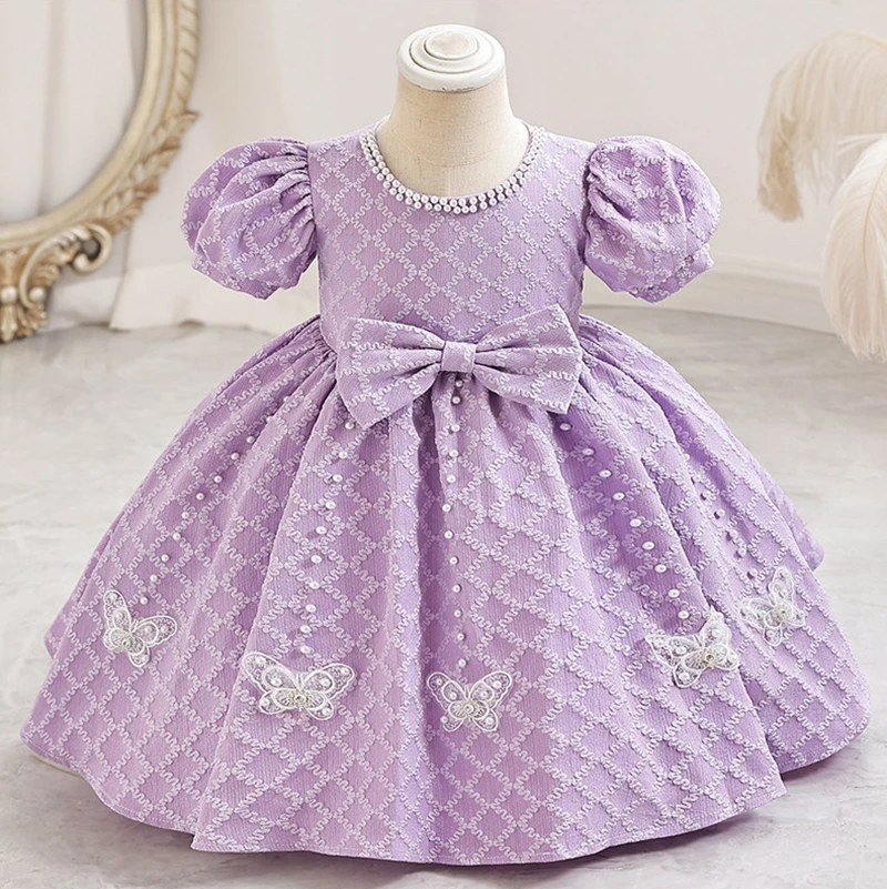 Vestidos curtos de lavanda para casamentos, miçangas de gala, o pescoço com arco, princesa aniversariante infantil, vestido de bebê infantil, 2023