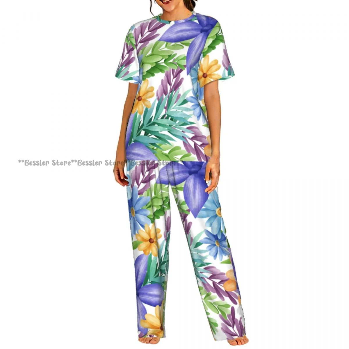 

Акварельный пижамный комплект с цветочным принтом, женская домашняя одежда с короткими рукавами