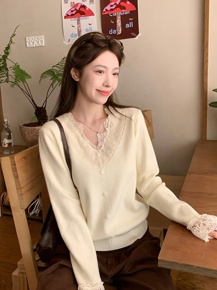 

French Pure Lace Contrast Color Women Pullovers Sweet Elegant Fashion Woman Pullovers Apricot Oat Pink Black Knitted Top Female