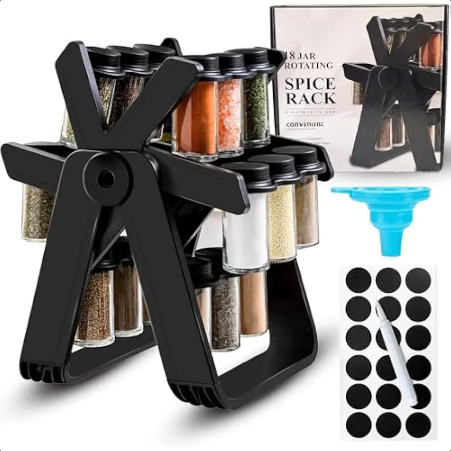 

Rotating Spice Rack with 18 Glass Jars Labels and Funnel 360 Degree Rotating Ferris Wheel Revolving Spice Rack Organiser for Se