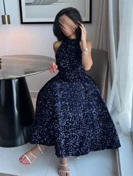 Customized Shinny Short Formal Occasion Dresses Halter Black Sequin Evening Gowns Tea-Length Formal Party Dress فساتين السهرة