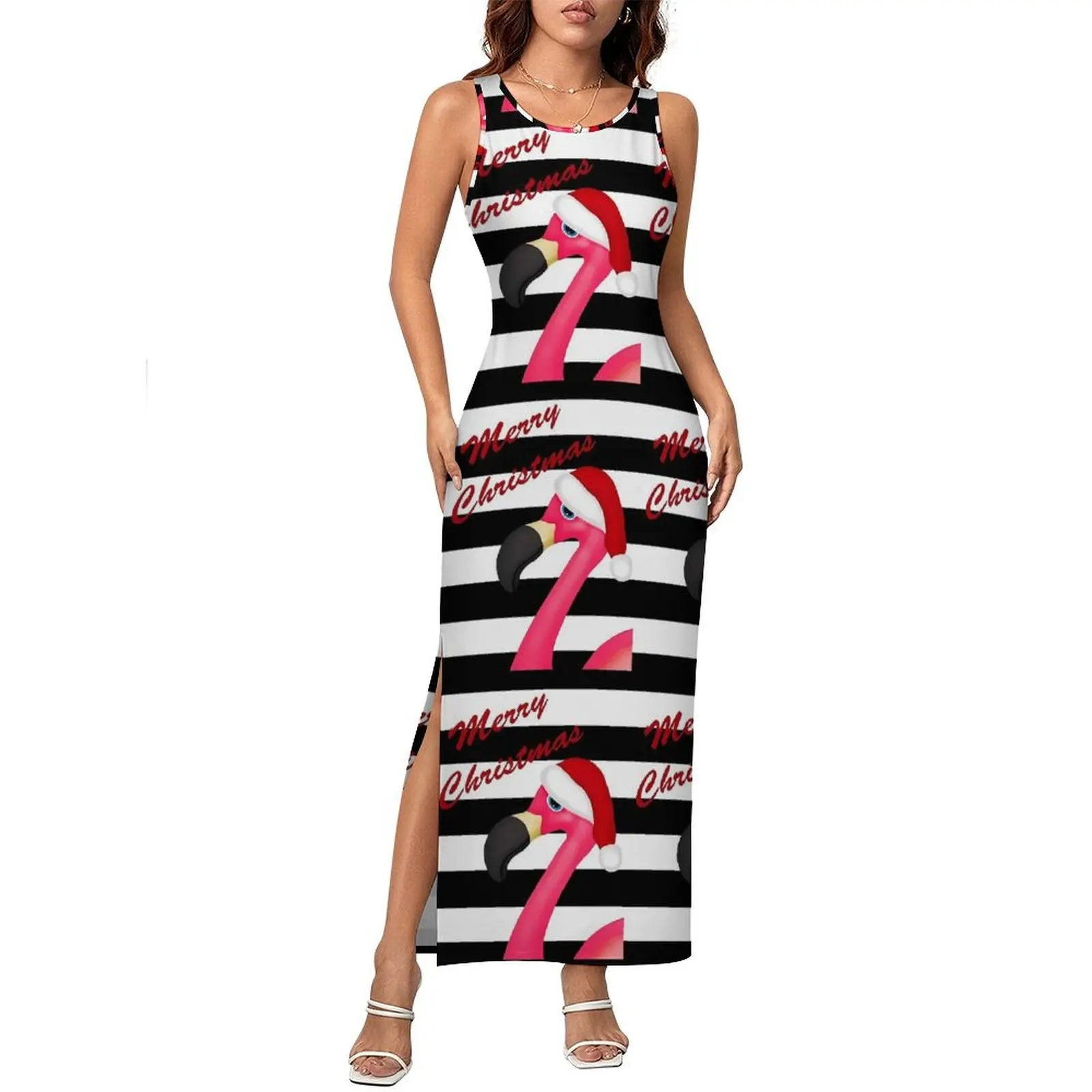 Vestido ajustado de Navidad con flamenco rosa para mujer, vestidos largos sexys a rayas negras para vacaciones, vestido de moda gráfico sin mangas