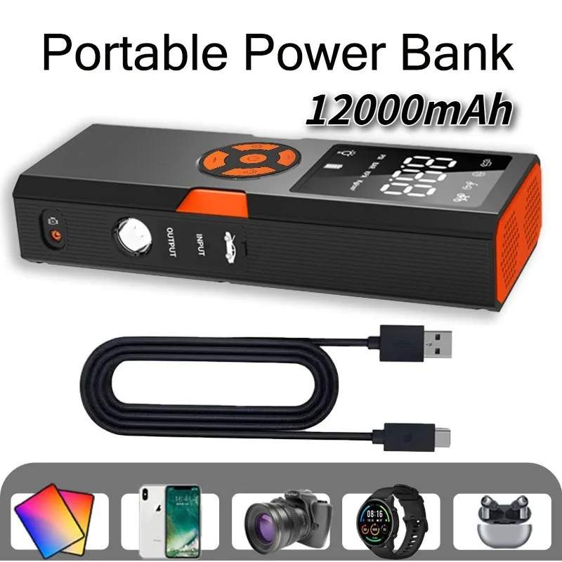 

12000mAh Emergency Power Bank & Jump Box with One-Touch Operation, 150PSI Auto Shut-Off Tire Inflator, , Power Bank, Flashlight