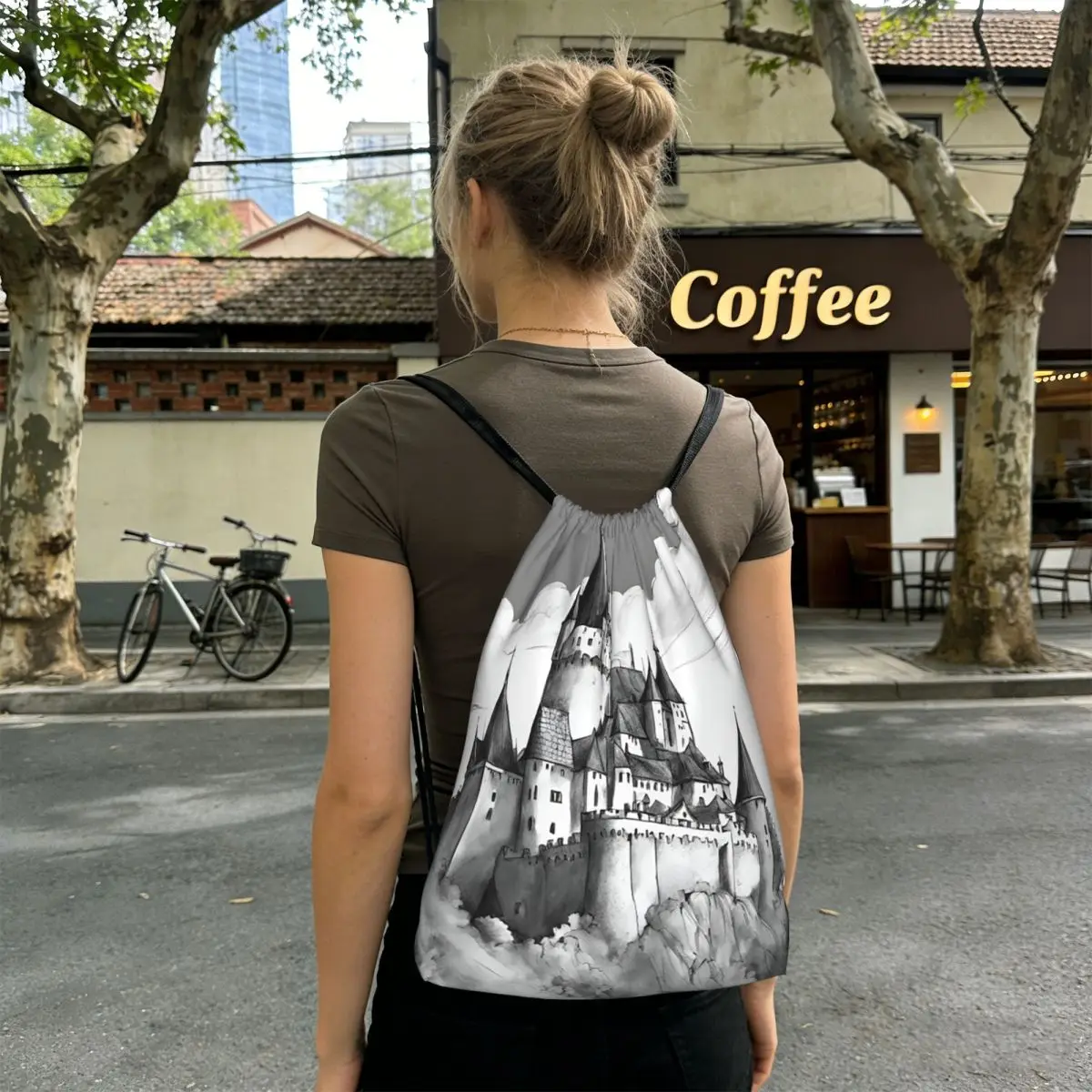 

Ink Painting Mist Castle Pattern Backpacks Casual Drawstring Bundle Pocket Sports Bag Book Bags for Travel School