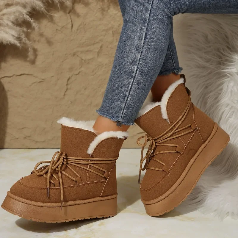 

2024 Cold-proof and Warm Winter Women Boots New Lace Up Design Women Platform Thickened Fluff Boots Anti-slip Fashion Boots