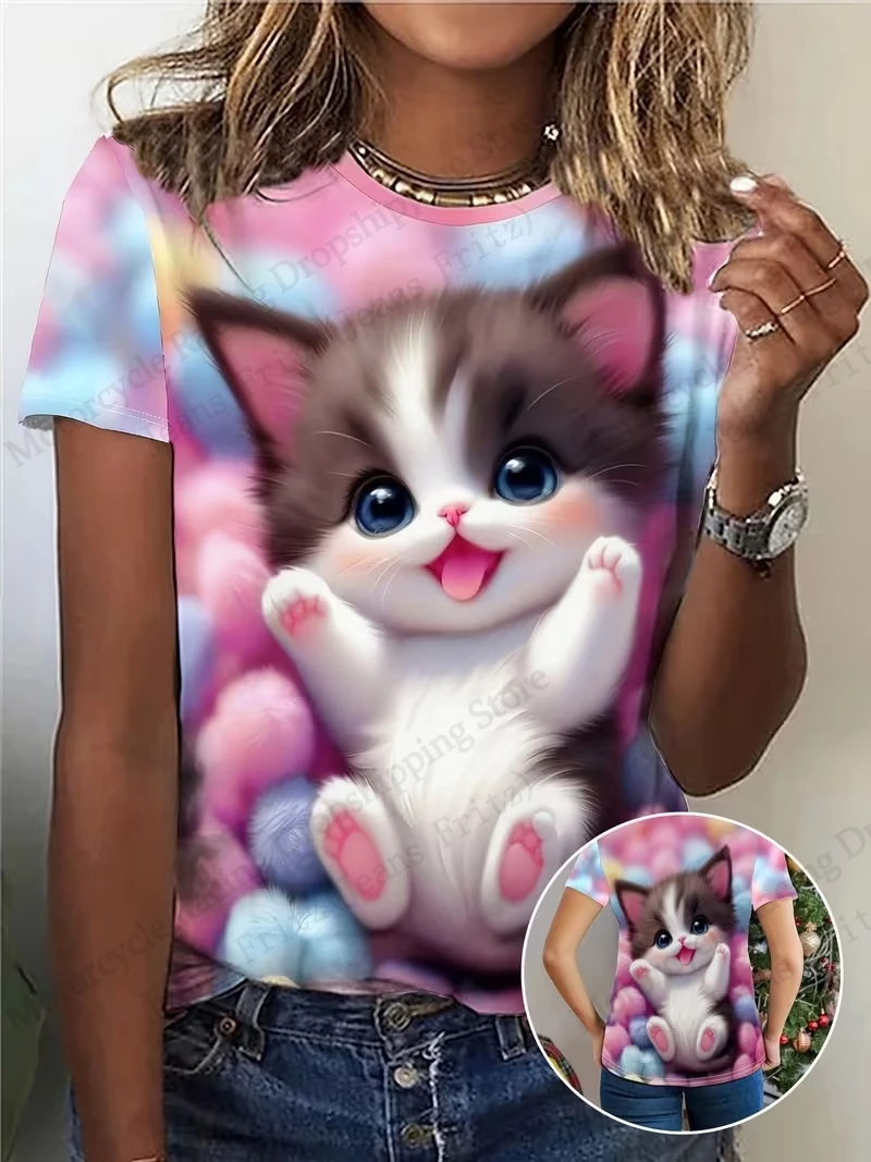 جديد الكرتون لطيف القط ثلاثية الأبعاد تي شيرت مطبوع المرأة موضة عادية المتضخم قصيرة الأكمام التي شيرت الحيوان هريرة بلايز تيز الملابس النسائية #3