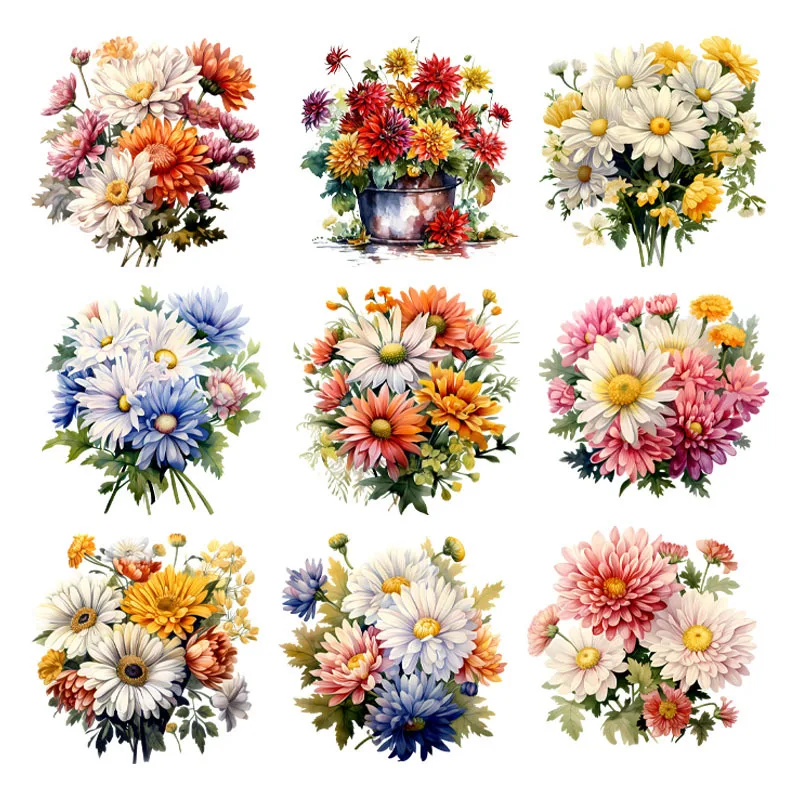 Summer Colorful blossom Chrysanthemum flower dtf Heat Transfer On Clothes ready to press patches for clothing Iron On Patches