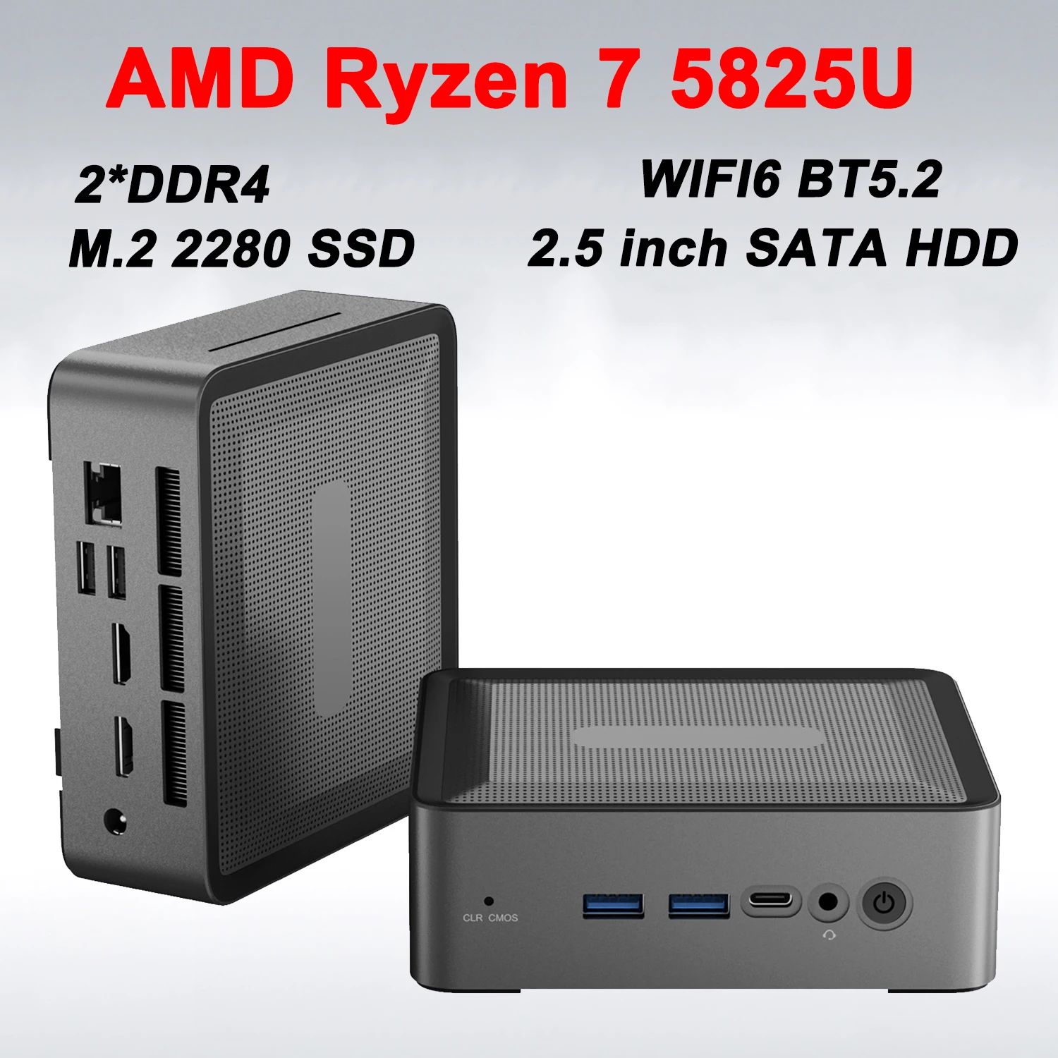 Mini PC U58 con AMD Ryzen 7 5825U, 2*DDR4 3200Mhz, 1*M.2 SSD, 1*HDD, Windows 11 Pro, WIFI6, BT5.2, Mini PC de Escritorio para Oficina y Juegos
