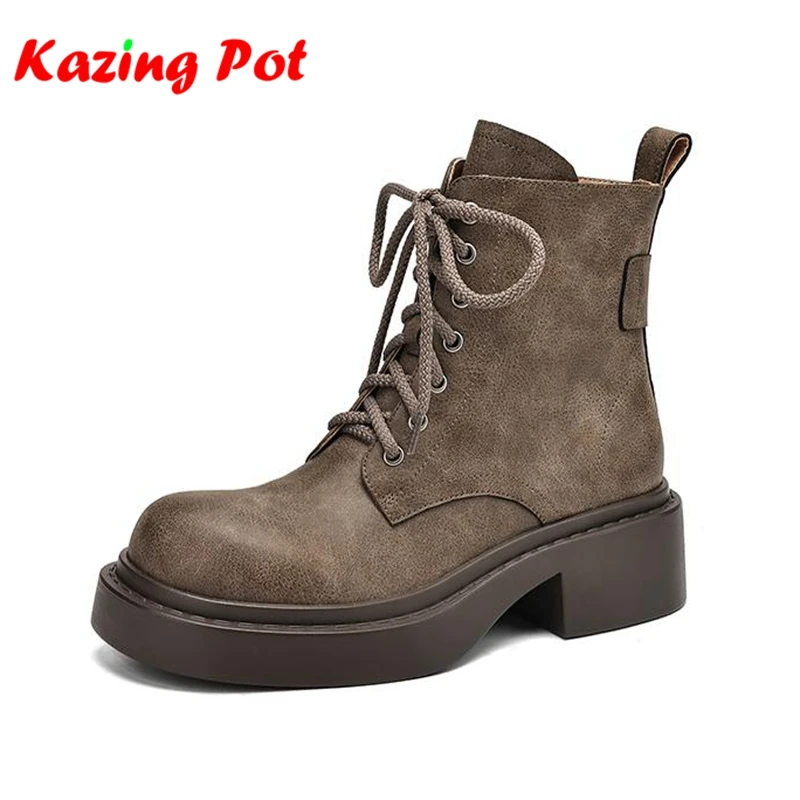 

Krazing Pot Cow Split Skin Thick Med Heels Motorcycle Boots Winter Autumn Vintage Women Leisure Lace Up Cross-tied Ankle Boots
