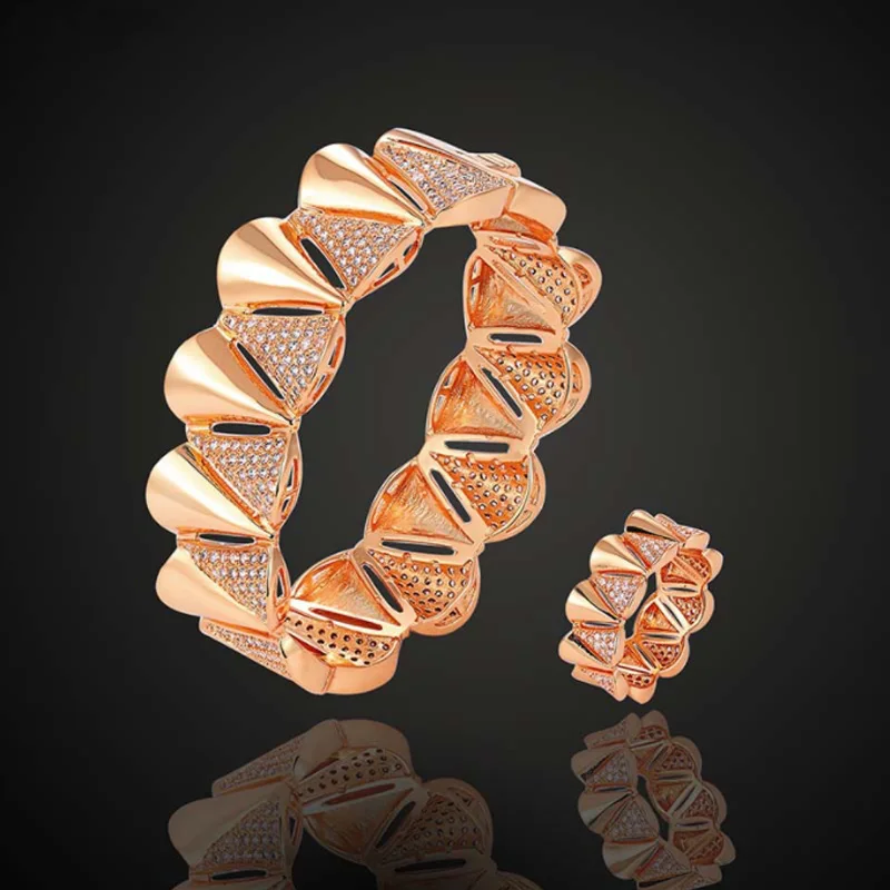 European and American Fashion Fan-Shaped Titanium Micro-Inlaid AAA Zircon Creative Bracelet Ring Set