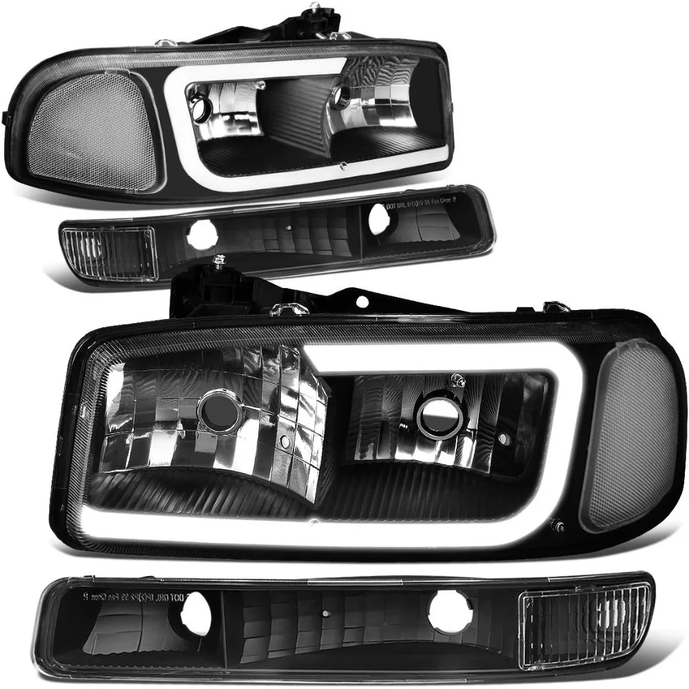 

HL-LB2-SIERRA99-BK-CL1 Black Housing Bumper Lights+Headlights With LED DRL Replacement Compatible with 99-06 Sierra