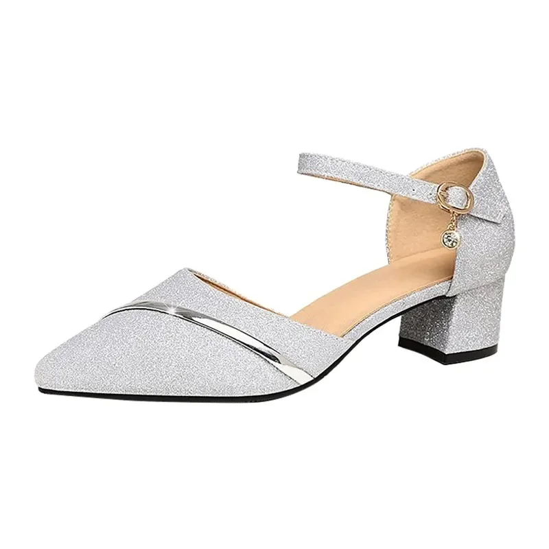 2024 New Women Low Heels Shoes Women\'s Sandals Glitter Silver Pointed Toe Buckle Party  For Sandalias