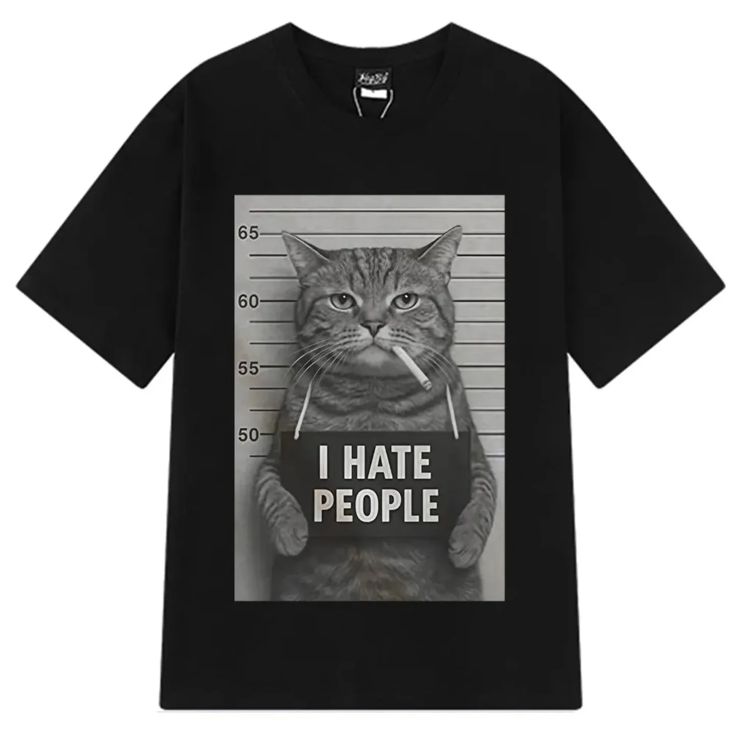 Harajuku I Hate People Meow Print T-shirt Fun Cat Print T Shirts Men Women Loose Short Sleeve Clothing Casual T-shirts Tops