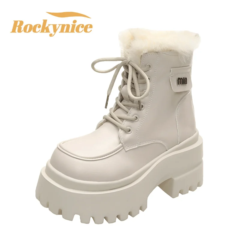 Winter Women's Leather Boots Plush Comfortable Warm Waterproof High Platform Ankle Boots Anti Slip Outdoor Short Fur Snow Boots