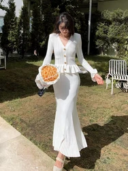 Celebrity temperament blue V-neck knitted women's dress ruffled splicing stretch Slim long fishtail dresses 2024 summer new