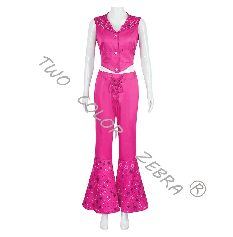 Movie Pink Barbiecore Princess Cowgirl Cosplay Costume Western Outfit with Hat Vest Pants Scarf for Halloween Stage Performance view 4