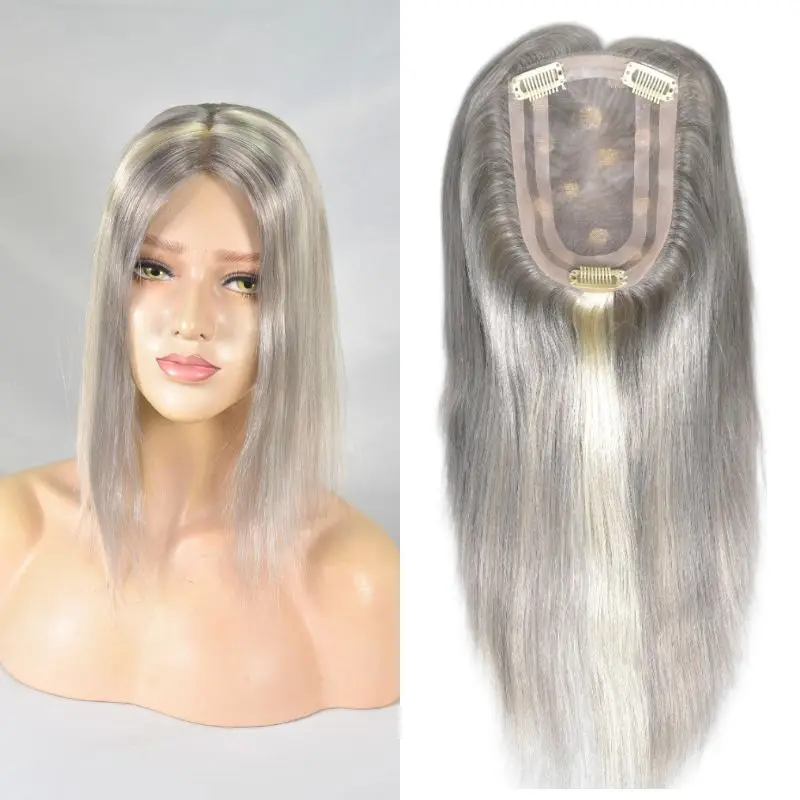 Pwigs Gris P613 #   Peluquín de mujer de Color, cabello humano europeo para adelgazar el cabello, Base de 4x6 pulgadas, Mono encaje con Clip de PU en adorno para el cabello