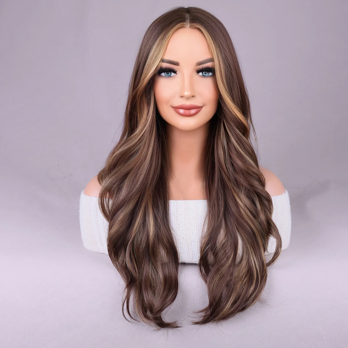 Long Mixed Brown Highlights Wavy Wig for Women Natural Synthetic Curly Wig Heat Resistant Fiber Wig for Everyday Wear