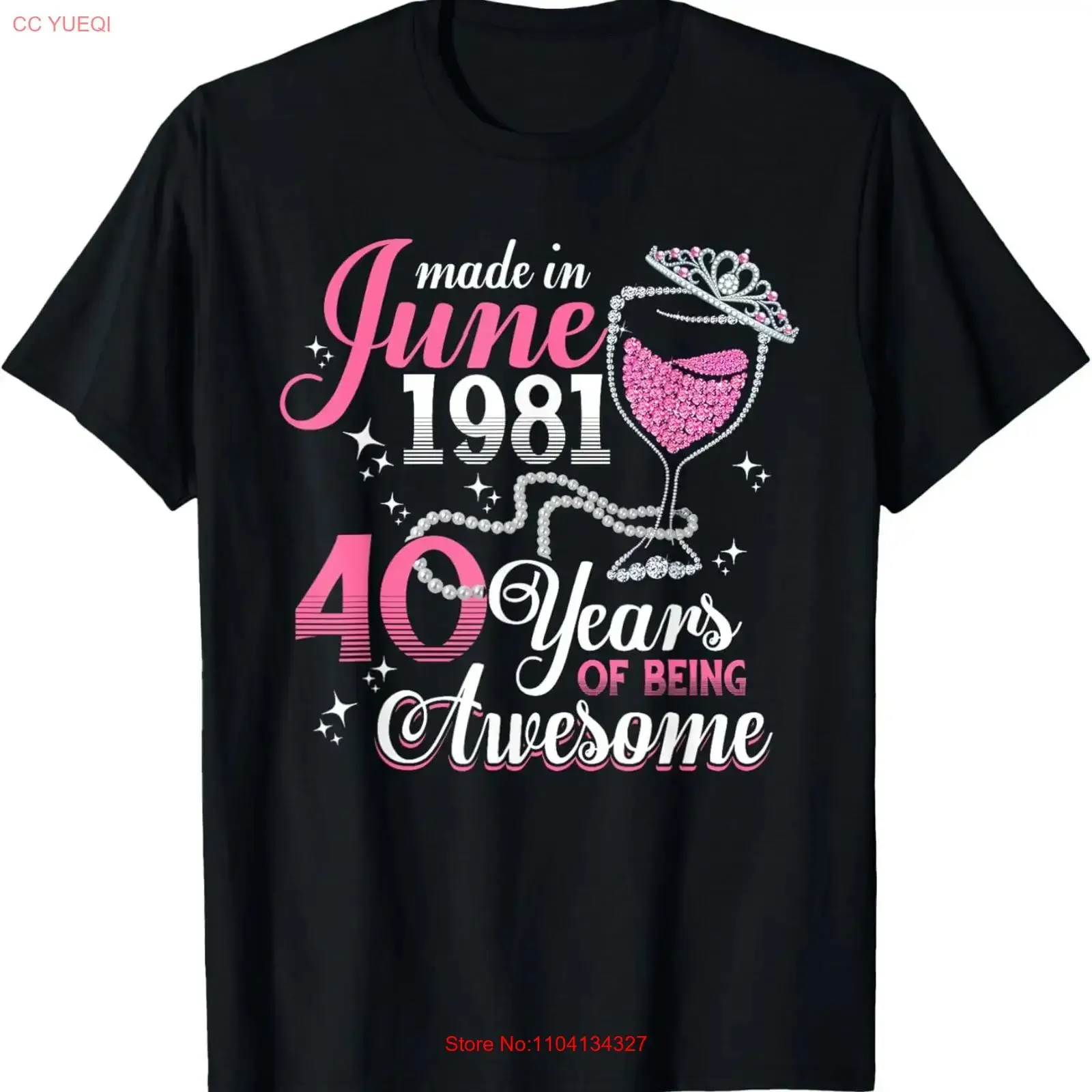 Camiseta con estampado floral de perlas y vino para el 40.º cumpleaños, para mujeres nacidas en junio de 1981, estilo vintage, lavada, suave, para uso diario, elegante e informal