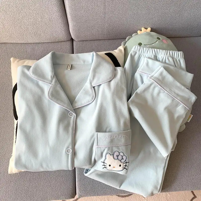 

Sanrio Hello Kitty Pajamas Sleepwear Set Coral Fleece Plush Velvet Island Fleece Women Home Loungewear All Season Thickened Pj
