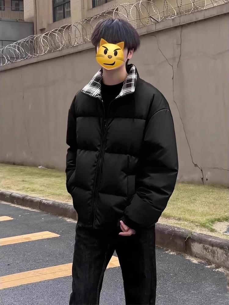 

Bla Patchwork Bread Sle Stand Collar Cotton Jaet for Men Winter Warm Thiened Youth ular Casual Couples Outfit