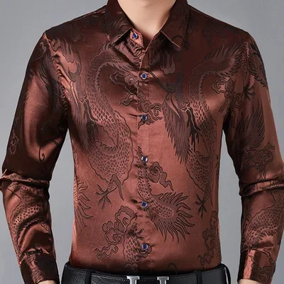 Autumn and winter middle-aged men's imitation silk shirt, Chinese style bright face dragon pattern shirt, personalized men's top