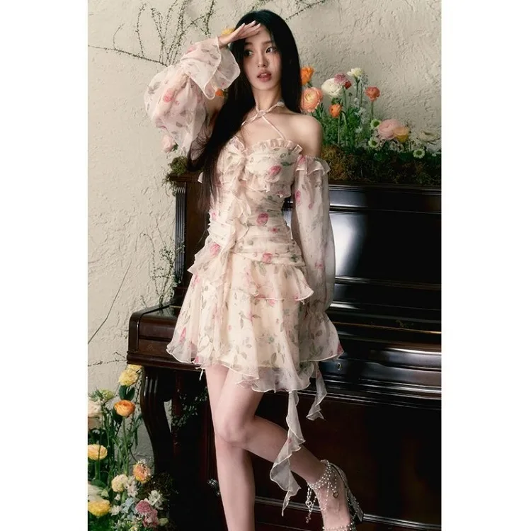 2024 Sommer neue Rose Blumen kleider unregelmäßige schlanke Taille Rüschen Kleid für Frauen sexy schulter freie Langarm Vestidos Mujer