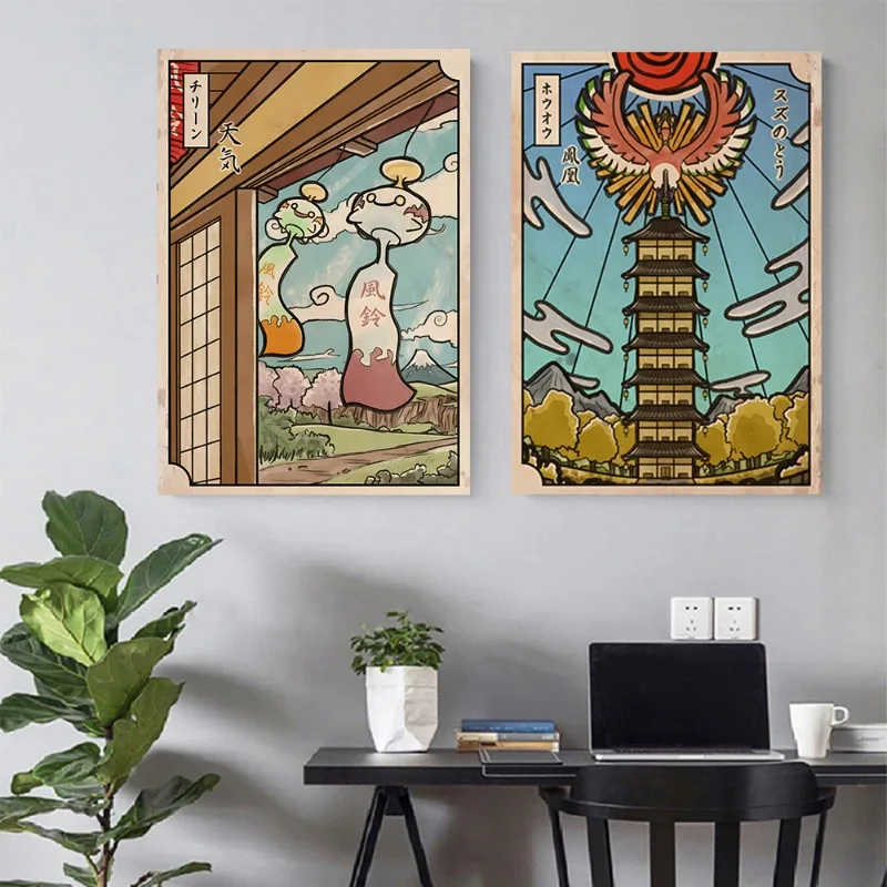 Vintage Style Triptych Pokemon Pokémon Pikachu Kabi Beast Kids Room Poster Wall Painting Interior Decoration Canvas Painting