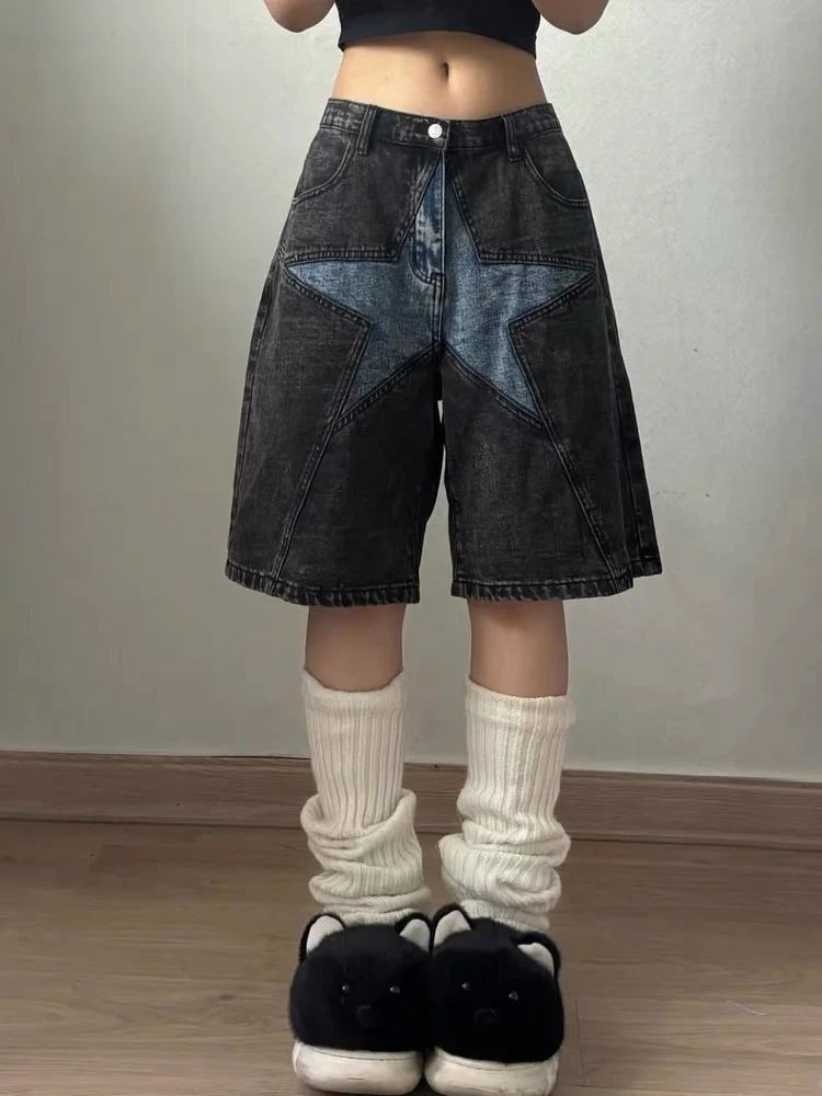 

Retro American Waed Star Patchwork Wide Leg Five-Point Denim Jeans High Waist Casual Summer Street Punk Women's plus Size