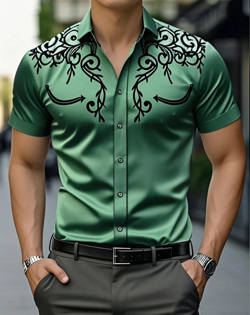 New men's 3D retro print denim shirt, short-sleeved shirt, outdoor street fashion, classic shirt, new shirt, Western-style shirt