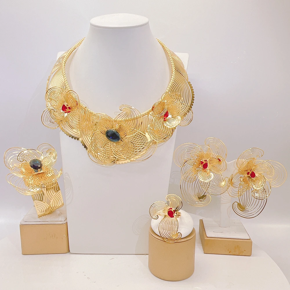 

Brazilian 18K Gold Plated Jewelry Set Pendant Necklace Earrings Bracelet and Ring Four-Piece Set