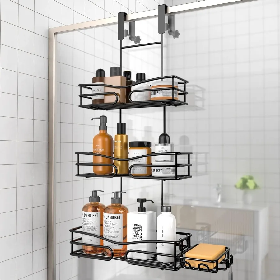 

3-уровневый подвесной органайзер для душа над дверью с держателем для мыла и 4 крючками, нержавеющая полка для душа для двери ванной комнаты