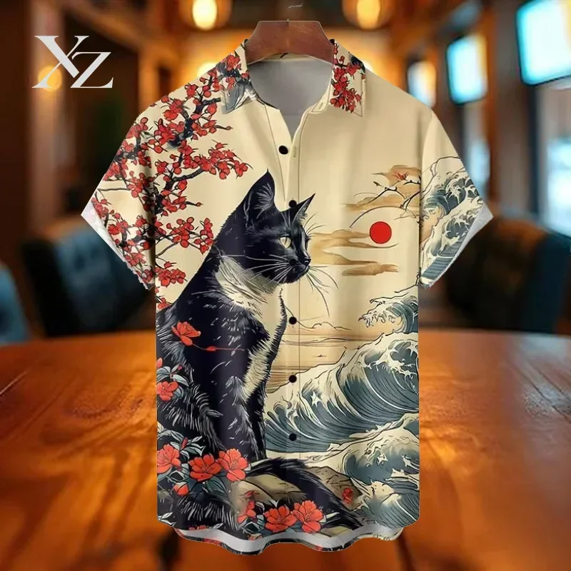 Men's Plus Size Short Sleeve Button Shirt Japanese Ukiyo-E Sakura Plum Blossom & Cat Print Pocket 2025 Summer New Holiday