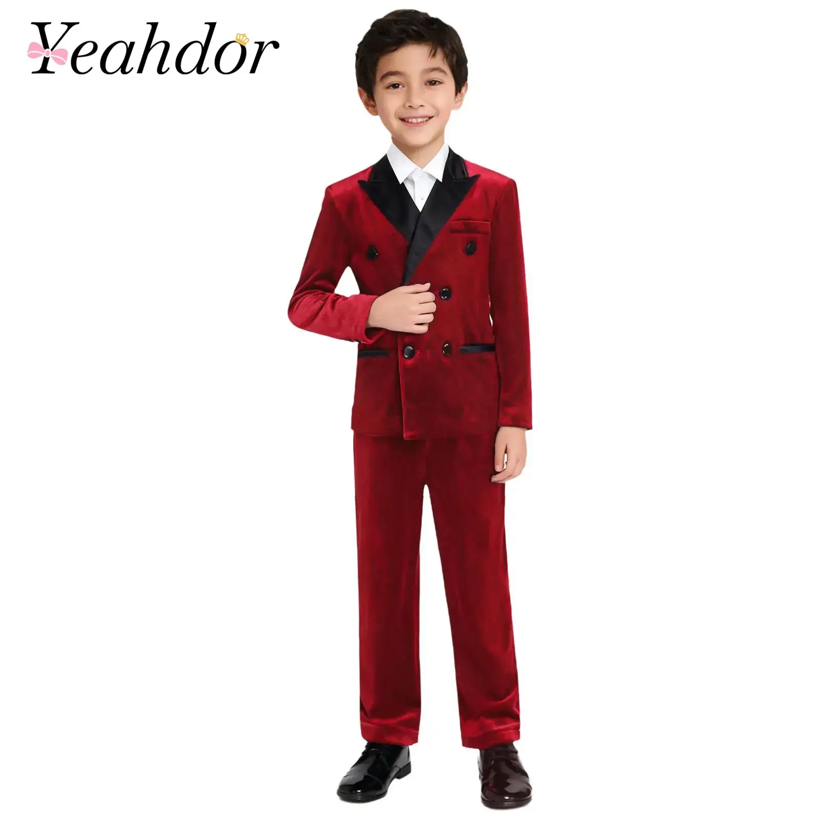 

Kids Wedding Suits For Boys Gentleman Velvet Outfit Tuxedo Costumes Double-breasted Blazer Pants for Formal Party Birthday Sets